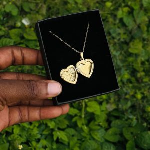 Engraved gold heart picture locket necklace