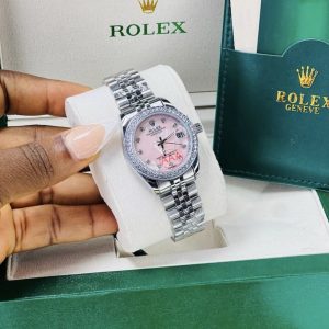 Rolex stoned pink face silver watch no box